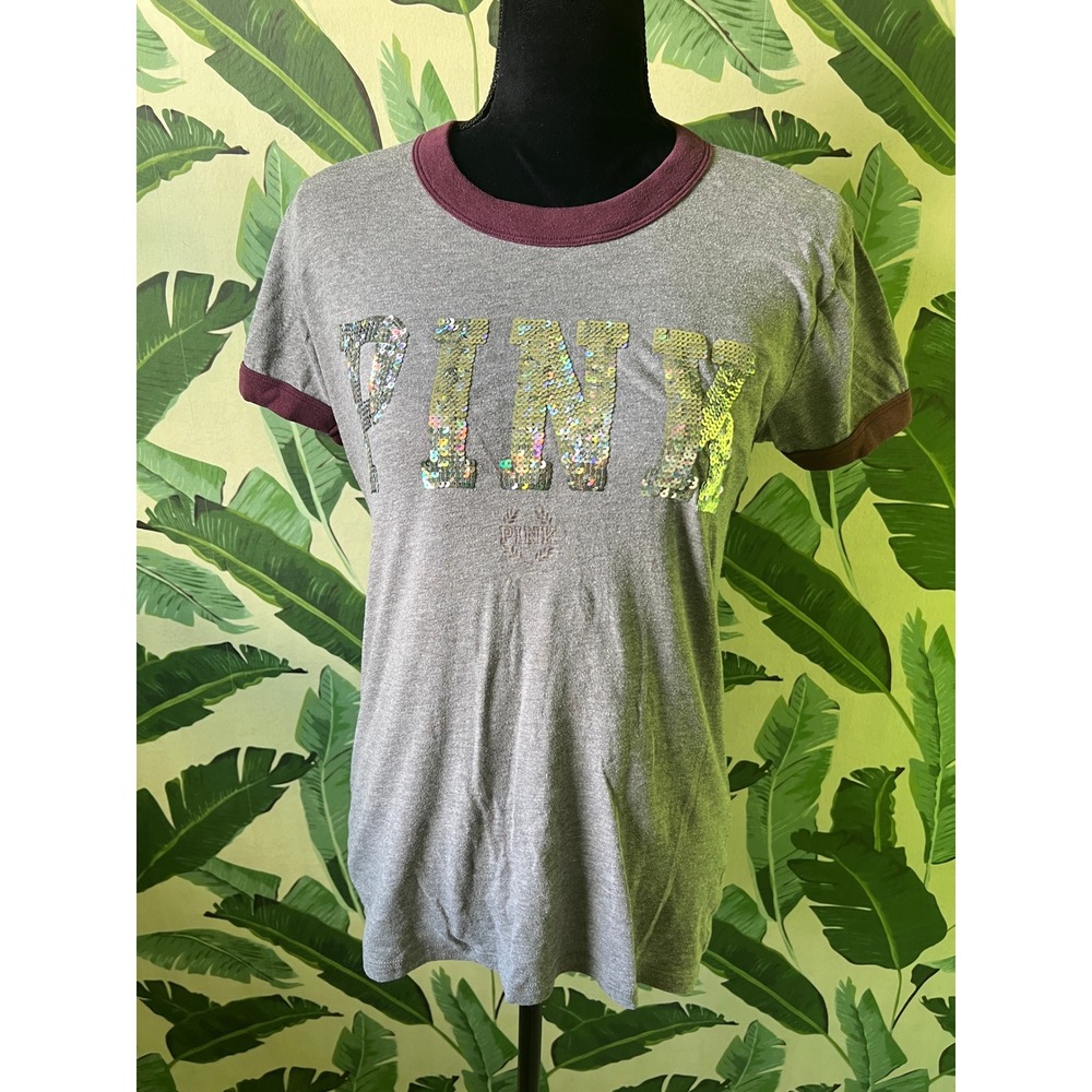 Victoria's Secret PINK Ringer Tee Women S Gray Burgundy Sequin Logo